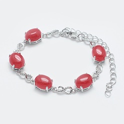 Jade Natural Jade Link Chain Bracelets, with Brass Findings, Real Platinum Plated, Oval and Infinity, Dyed, 5-3/4 inch~6 inch(14.5~15cm)