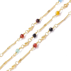 Colorful Handmade Brass Flat Round & Clover Link Chains, with Faceted Round Agate Beads, Long-Lasting Plated, Cadmium Free & Lead Free, Unwelded, with Spool, Golden, Colorful, 13x4mm