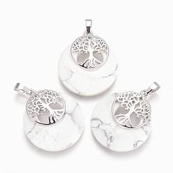 Говлит Природные подвески Говлит, с латунной фурнитурой платинового цвета, плоские круглые с дерева жизни, 32.5~33x27.5~28x5~6 мм, отверстие : 5x7 мм