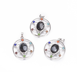 Снежный Обсидиан Стиль чакр, естественно снежинка обсидиана подвески, с платиновым тоном латуни и горный хрусталь, плоские круглые со звездой, 38.5x34x8.5 мм, отверстие : 7x4 мм