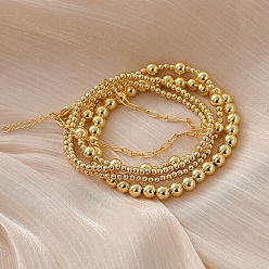 Золотой 4 шт. 4 стили латунные круглые бусины эластичные браслеты и цепочные браслеты для женщин, золотые, внутренний диаметр: 1-3/4 дюйм (4.4 см) ~ 2-1/8 дюйм (5.5 см), 1 шт / стиль