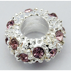 Свет Аметист Европейские бусины, сплав, стразы , бусины с большим отверстием, рондель, серебряный цвет гальваническим, светлый аметист, 11x6 мм, отверстие : 5 мм