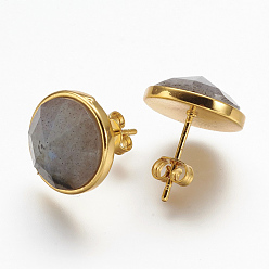 Лабрадорита Натуральный лабрадорита шпильки уха, с латунной фурнитурой , золотые, плоско-круглые, 15 мм , штифт: 0.8 мм