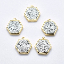 Light Grey Druzy Resin Charms, with Golden Tone Brass Findings, Hexagon, Light Grey, 14.5x14x4mm, Hole: 1mm