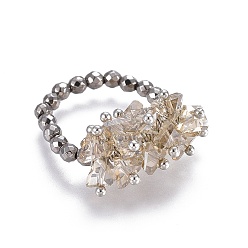 Dark khaki Stretchringe aus synthetischem Hämatit, mit Ringboxen aus Glas und Pappe, dark khaki, Größe: 7, 17 mm