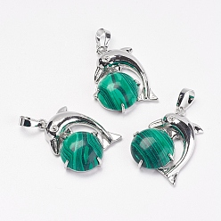 Малахит Синтетического малахита подвески, с латунной фурнитурой , дельфин, платина, 30x23x8 мм, отверстие : 5x8 мм
