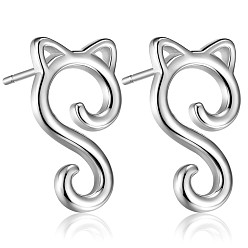 Platinum Rhodium Plated 925 Sterling Silver Cute Cat Stud Earrings for Women, Platinum, 17x10mm, Pin: 1mm