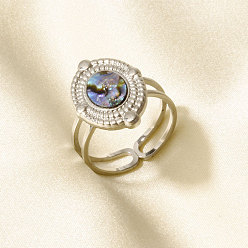 Нержавеющая Сталь Цвет 304 Открытые кольца-манжеты из нержавеющей стали с натуральными ракушками для женщин, овальные, цвет нержавеющей стали, 18 мм, внутренний диаметр: 17 мм