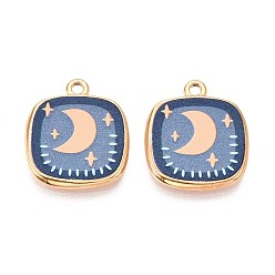 Луна Печатный стиль 304 квадратные подвески из нержавеющей стали, ионное покрытие (ip), реальный 18 k позолоченный, луна, 21x18x2 мм, отверстие : 1.8~2 мм