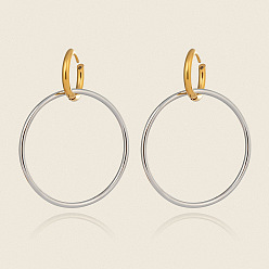 Настоящее золото 18K Двухцветные серьги-кольца из нержавеющей стали, реальный 18 k позолоченный, 53x40 мм