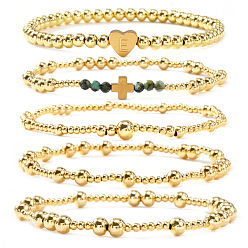 Золотой 5 Браслеты из латуни и натуральных бусин африканской бирюзы (яшмы) для женщин, эластичные., круг и сердечко с буквой e, золотые, регулируемый