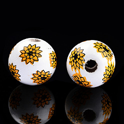 Gold Spray Painted Wood Beads, Printed Beads, Round with Flower, Gold, 15~16x14~15mm, Hole: 3~4mm