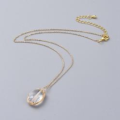 Clear Glass Pendant Necklaces, with Copper Wire, Brass Cable Chains, Chain Extender and Lobster Claw Clasp, with Cardboard Packing Box, Oval, Clear, 15.3 inch(39cm)