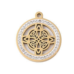 Настоящее золото 18K Стабилизированный свежий цветок 304 подвески из нержавеющей стали со стразами, плоско-круглые, реальный 18 k позолоченный, 25x21x2 мм, отверстие : 2 мм