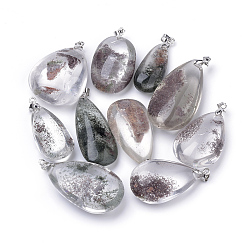 Другие Кварцы Подвески из натурального зеленого лодолитового кварца / садового кварца, с латунной фурнитурой , разнообразные, платина, 30~45x14~35x9~18 мм, отверстие : 4 мм