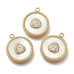 Настоящее золото 18K Вакуумное покрытие pvd 304 подвески из нержавеющей стали, с ракушкой паве и стразами, плоский круглый шарм, реальный 18 k позолоченный, 18.5x15.5x3 мм, отверстие : 1.6 мм