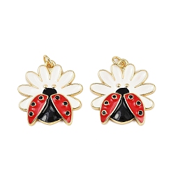 Коровка Латунные подвески, без кадмия, без никеля и без свинца, с эмалью и кольцами для прыжков, реальный 18 k позолоченный, цветок, коровка, 23x22x4 мм, отверстие : 3 мм