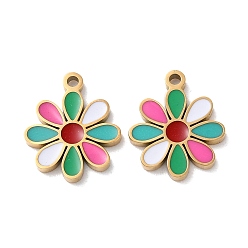 Золотой Ионное покрытие (ip) 304 брелоки из нержавеющей стали, с эмалью, цветочный шарм, золотые, 13x11x1.5 мм, отверстие : 1.2 мм