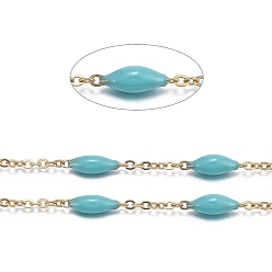 Средний Бирюзовый Ручной цепи эмаль бисера, с цепями из нержавеющей стали и шпулей, пайки, долговечный, золотые, средне бирюзовый, 1.5x1x0.1 мм, около 32.8 футов (10 м) / рулон