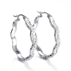 Stainless Steel Color 304 Stainless Steel Hoop Earrings, with Polymer Clay and Rhinestone, Wave Ring, Stainless Steel Color, 32x31x4mm, Pin: 1x0.8mm
