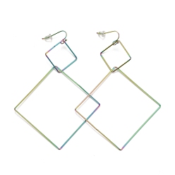 Rainbow Color Ion Plating(IP) Rainbow Color Rhombus 304 Stainless Steel Dangle Earrings for Women, 108.5x69x1.8mm, Pin: 0.6mm