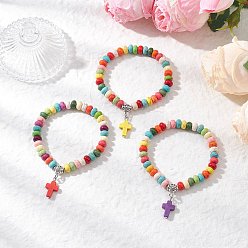 Разноцветный Браслеты с подвесками из синтетических бирюзовых бусин, окрашенных распылением, эластичные браслеты для мужчин и женщин, крестик, красочный, 1/4~3/8 дюйм (0.8~0.85 см), внутренний диаметр: 2 дюйм (5.2 см), 1 шт / цвет