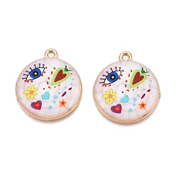 Разноцветный Подвески из эмали из сплава с печатным покрытием стойки, золотые, плоский круглый с подвеской в виде глаз и сердца, красочный, 28.5x25x4 мм, отверстие : 1.8 мм