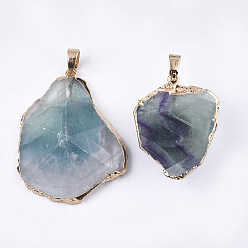 Fluorite Electroplate Natural Fluorite Pendants, with Brass & Iron Findings, Faceted, Nugget, Golden, 30~76x20~45x10~15mm, Hole: 4.5x8mm