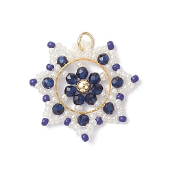 Морской Синий Подвески-снежинки из стеклянных бусин, с латунными соединительными кольцами и 304 открытыми соединительными кольцами из нержавеющей стали, реальный 18 k позолоченный, Marine Blue, 26x27x2 мм, отверстие : 3.5 мм