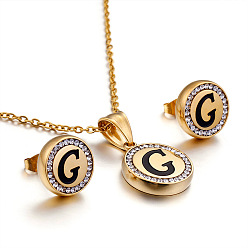 Letter G Плоский круглый с буквенным узором 304 ожерелье с подвеской из нержавеющей стали и серьгами-гвоздиками, золотые, Буква G, 450 мм