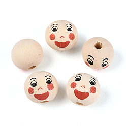 Желтая Старая Ткань  Набивные шима деревянные бусины, круглый с выражением лица, старое кружево, 18.5~19.5 мм, отверстие : 5 мм