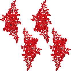 Красный 2 Пары полиэстеровых вышитых аксессуаров для костюмов, аппликация патч, швейные украшения, со стразами и искусственным жемчугом, цветок, красные, 260x130x6 мм