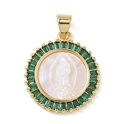 Зеленый Религия латунь микро проложить цирконий подвески, с оболочкой, плоский круглый со святыми подвесками, стойки покрытие, долговечный, без кадмия и без свинца, реальный 18 k позолоченный, зелёные, 21.5x18.5x3.5 мм, отверстие : 4.5x3.5 мм