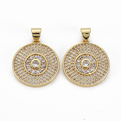 Real 16K Gold Plated Brass Micro Pave Clear Cubic Zirconia Pendants, Nickel Free, Flat Round, Real 16K Gold Plated, 20x19x2.5mm, Hole: 3x5mm