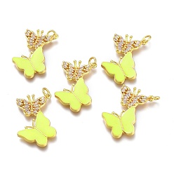 Yellow Brass Micro Pave Clear Cubic Zirconia Pendants, with Enamel and Jump Rings, Butterfly, Golden, Yellow, 28x18.5x3mm, Hole: 3mm
