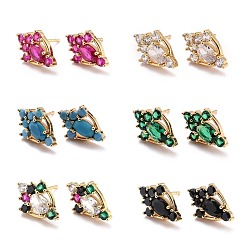 Mixed Color Paw Print Sparkling Cubic Zirconia Stud Earrings for Her, Real 18K Gold Plated Brass Micro Pave Cubic Zirconia Earrings, Mixed Color, 14.5x9.5x3.5mm, Pin: 0.8mm