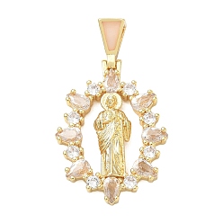 Clear Religion Brass Pave Cubic Zirconia Pendants, with Enamel, Oval with Saint Jude Charms, Lead Free & Cadmium Free, Long-Lasting Plated, Rack Plating, Real 18K Gold Plated, Clear, 36mm, Pendant: 29x20x4mm, Hole: 5.5x3mm