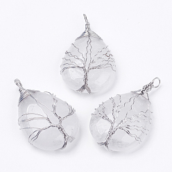 Хрусталь Природный кристалл кварца большие подвески, горного хрусталя, слеза, Подвески из латунной проволоки, платина, 50~55x31x11 мм, отверстие : 5 мм