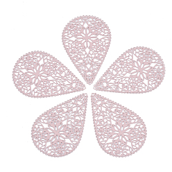 Pink 430 из нержавеющей стали филигранные подвески, окрашеные, гравированные металлические украшения, слезинка с цветком, розовые, 40x26.5x0.5 мм, отверстие : 1 мм