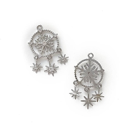 Platinum Brass Micro Pave Cubic Zirconia Pendants, Flat Round with Snowflake, Platinum, 24x14mm