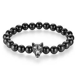 (946F)Морозный цвет внутри  Жонкиль / Непрозрачная зеленая подкладка Натуральный черный агат круглые бусины растягивать браслеты, ювелирные изделия из нержавеющей стали для мужчин, волк