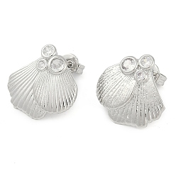 Платина Серьги-гвоздики в форме ракушки с покрытием из латуни и прозрачного кубического циркония для женщин, долговечный, без свинца и без кадмия, платина, 16x16 мм