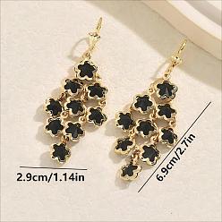 Negro Pendientes bohemios de latón con cierre de palanca, flor, pendientes de borlas de cristal para mujer, dorado, negro, 69x29 mm