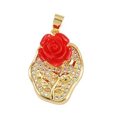 Красный Латунные микро проложить кубического циркония подвески, без кадмия и без свинца, овал с цветком из смолы, реальный 18 k позолоченный, красные, 34.5x23.5x11 мм, отверстие : 7x4.5 мм