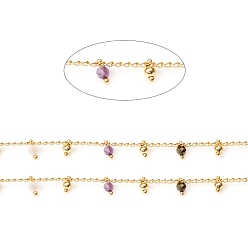 Смешанные камни Граненые цепочки из натурального смешанного камня ручной работы, латунь бордюр цепи, пайки, с катушкой, долговечный, золотые, 3x1.8x0.8 мм, бусины : 6x3 мм, около 32.8 футов (10 м) / рулон