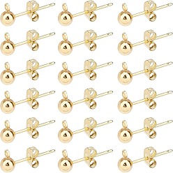 Golden 20Pcs Brass Post Earring Findings, with Loop, Golden, 15x6mm, Hole: 1mm, Ball: 4mm, Pin: 0.8mm