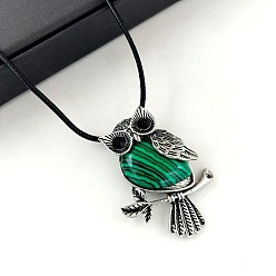 Малахит Синтетический малахитовый сова кулон черный искусственный кожаный шнур ожерелья для женщин, античное серебро, 16.93 дюйм (43 см)