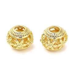Настоящее золото 18K Полые латунные европейские бусины, RONDELLE с цветком, бусины с большим отверстием, стойки покрытие, долговечный, без свинца и без кадмия, реальный 18 k позолоченный, 10~11x9 мм, отверстие : 4 мм