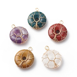 Real 18K Gold Plated Natural Mixed Gemstone Pendants, with Eco-Friendly Copper Wire Wrapped, Donut/Pi Disc Charm with Tree, Real 18K Gold Plated, 40.5x31x10.5mm, Hole: 4.5mm
