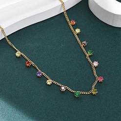 Настоящее золото 18K 304 Женские цепочные ожерелья с плоскими круглыми кисточками из нержавеющей стали с разноцветными кубическими цирконами, ионное покрытие (ip), реальный 18 k позолоченный, 16.14 дюйм (41 см)